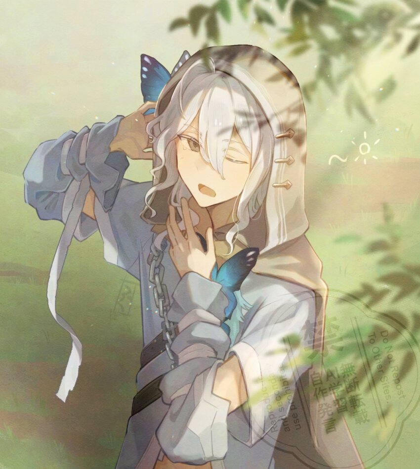 blue_butterfly, bug, butterfly, chain, detached_sleeves, grass, green_background, grey_eyes
