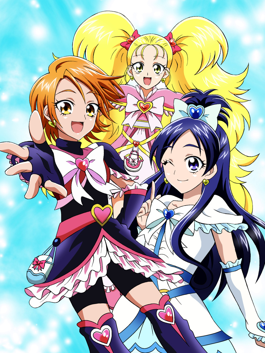 3girls, absurdres, anime_coloring, arm_warmers, bag, bag_bow, belt, belt_bag