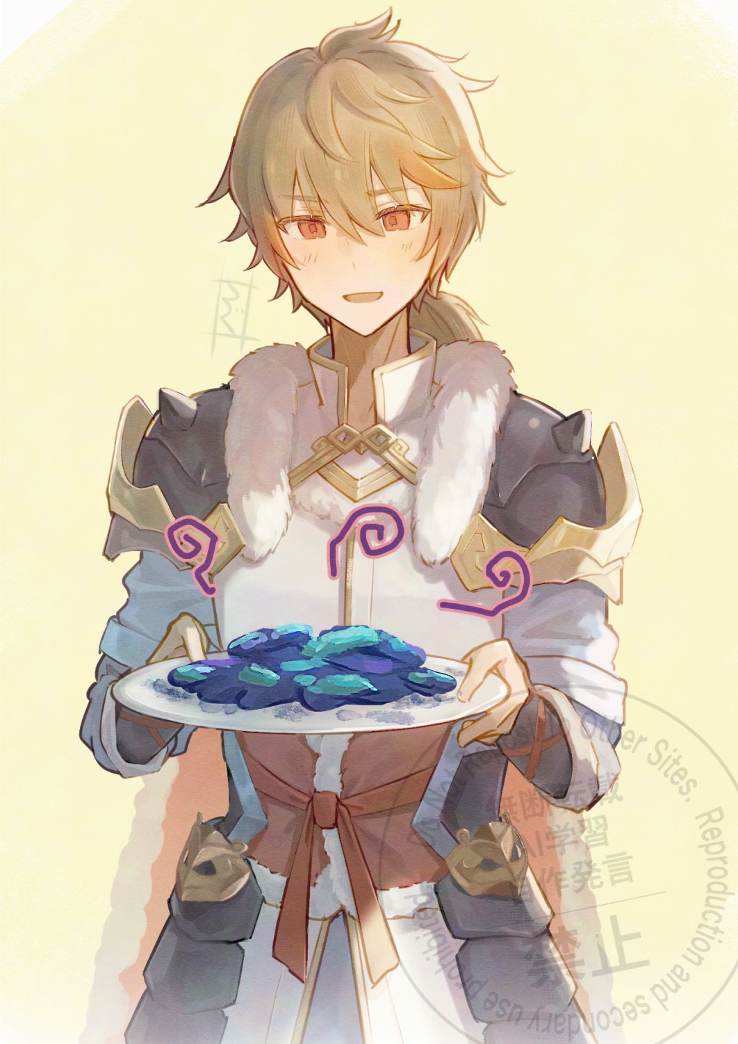 1boy, :d, armor, bad_food, blonde_hair, closed_mouth, fur_trim, hair_between_eyes