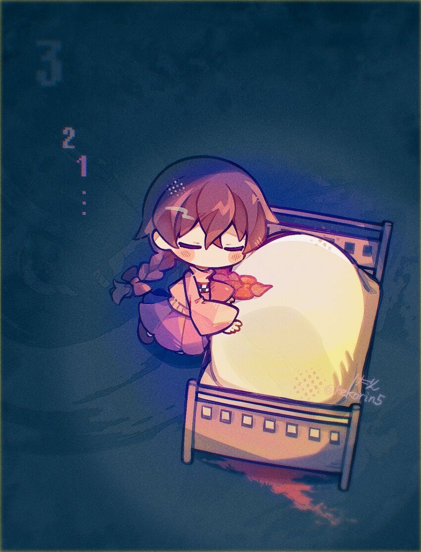 1girl, =_=, bed, blush_stickers, bow, braid, brown_hair, chibi