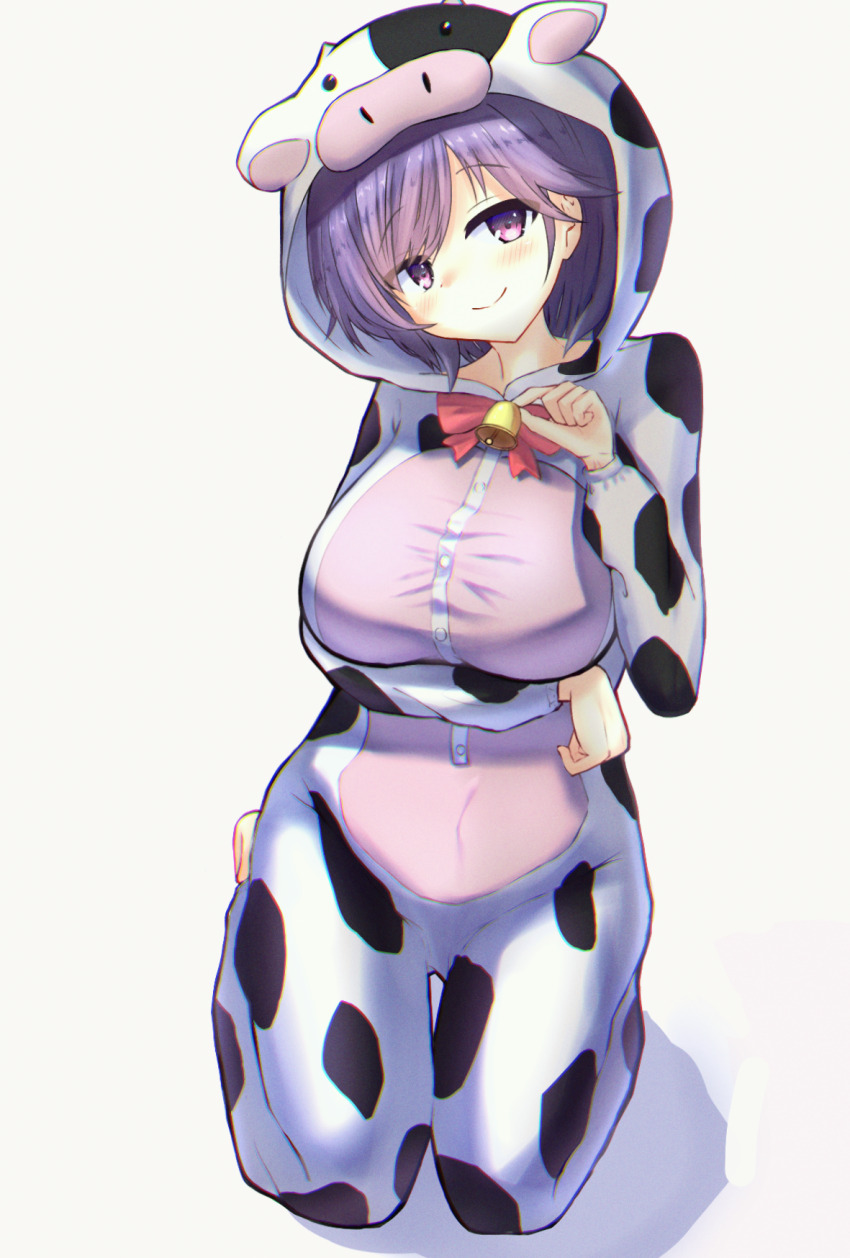 1girl, animal_costume, animal_ears, animal_print, arm_under_breasts, bell, blush, bow