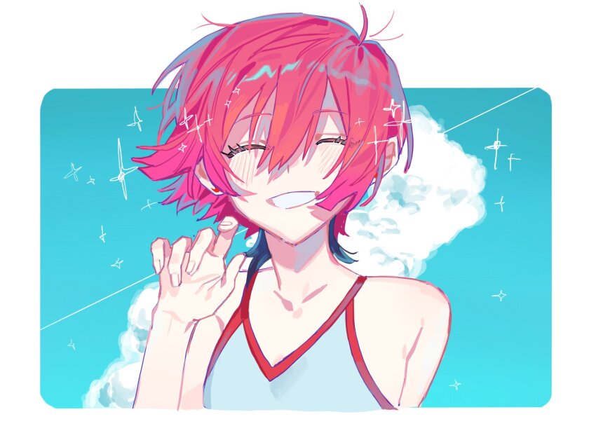 1girl, ^_^, amate_yuzuriha, bare_arms, bikini, black_hair, blue_sky, blush, border, closed_eyes, cloud, cloudy_sky, commentary_request, earrings, facing_viewer, grin, gundam, gundam_gquuuuuux, hair_between_eyes, hand_up, highres, jewelry, m_manjyu, multicolored_hair, outside_border, pink_hair, short_hair, sky, smile, solo, sparkle, swimsuit, two-tone_hair, upper_body, white_bikini, white_border