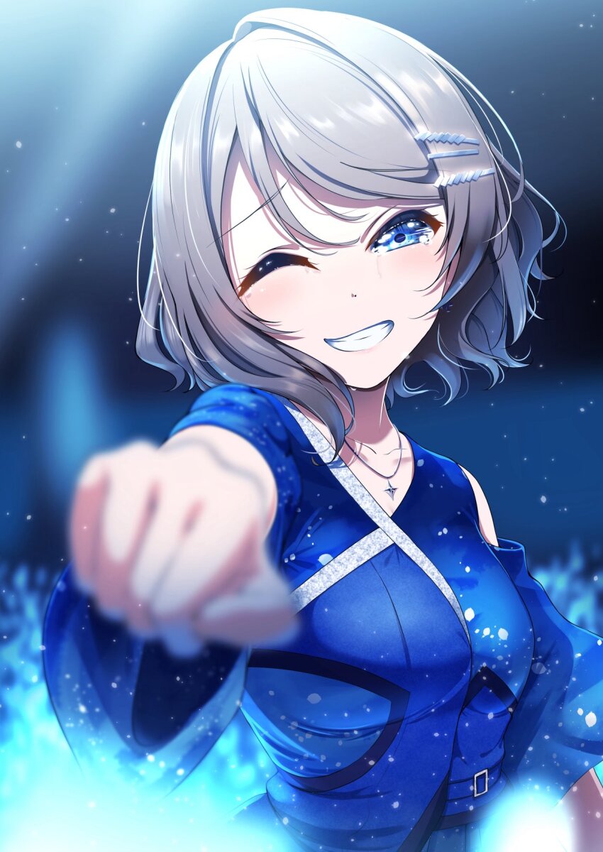 1girl, amaki-chan_(volfuji), aqours_finale_lovelive!_~eikyuu_stage~, belt_buckle, blue_background, blue_eyes, blush, breasts