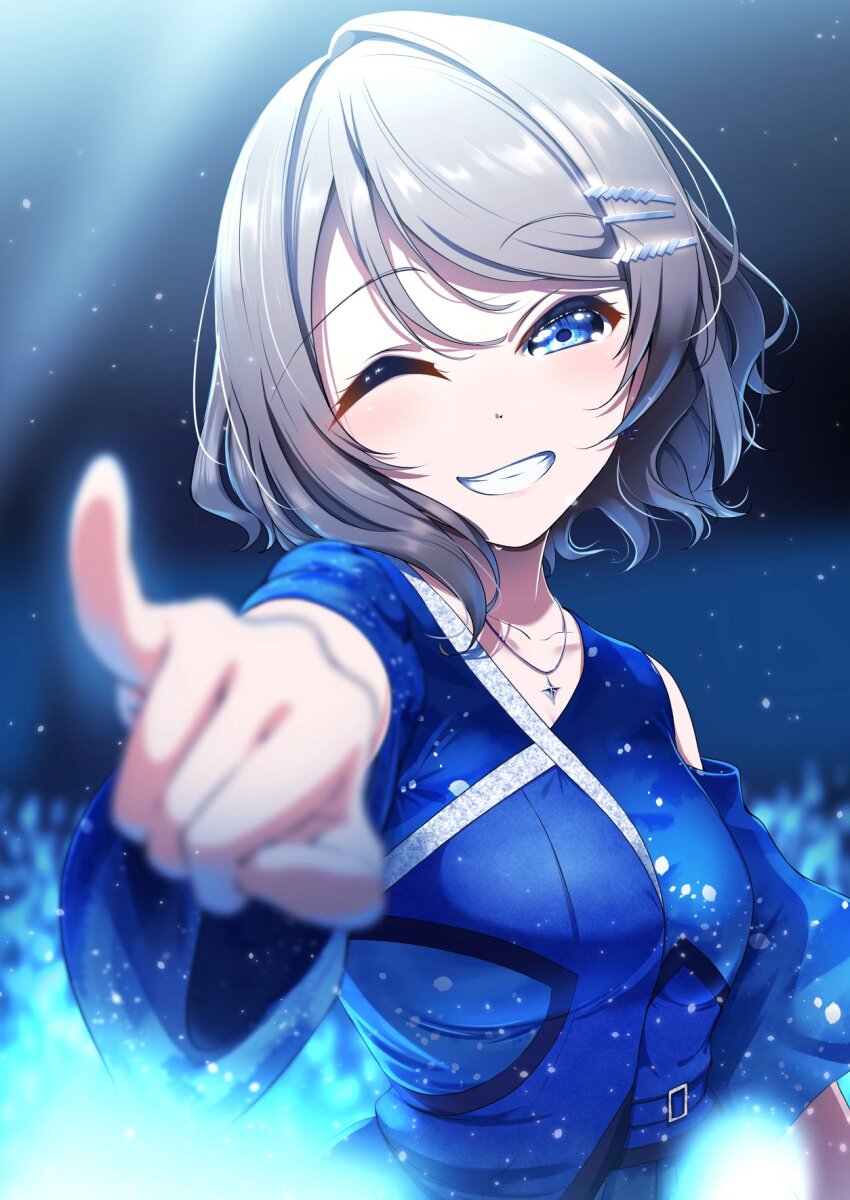 1girl, amaki-chan_(volfuji), aqours_finale_lovelive!_~eikyuu_stage~, belt_buckle, blue_background, blue_eyes, blush, breasts, brown_hair, buckle, clenched_hand, dark_background, dot_nose, dress, earrings, gem, glitter, grey_hair, hair_ornament, hairclip, hand_up, head_tilt, highres, idol, idol_clothes, jewelry, light_particles, looking_at_viewer, loose_clothes, loose_dress, love_live!, love_live!_sunshine!!, necklace, one_eye_closed, pointing, raised_fist, short_hair, silver_necklace, silver_trim, simple_background, single_bare_shoulder, single_earring, skirt, smile, solo, star_(symbol), teeth, upper_body, watanabe_you, wavy_hair