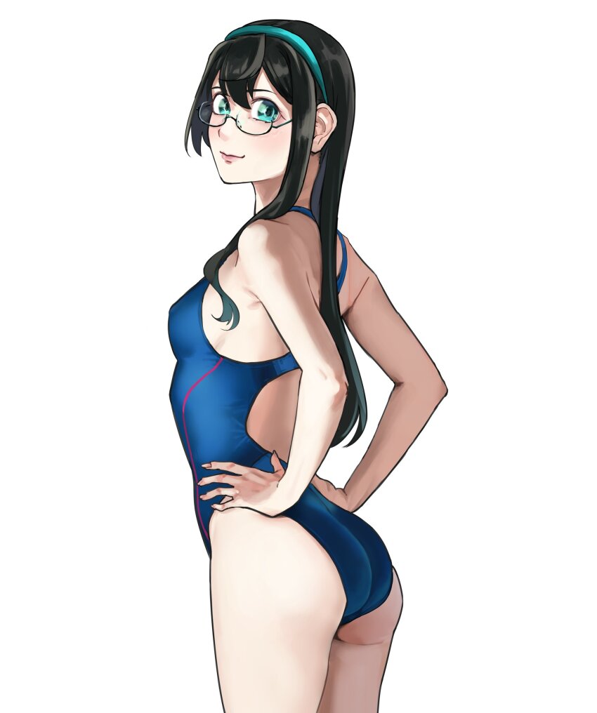 1girl, absurdres, amanattou_shigure, aqua_eyes, ass, black_hair, blue_one-piece_swimsuit, breasts