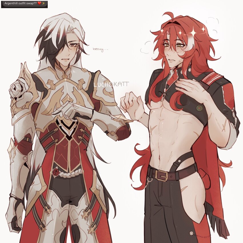 2boys, absurdres, ahoge, argenti_(honkai:_star_rail), argenti_(honkai:_star_rail)_(cosplay), armor, artist_name, belt