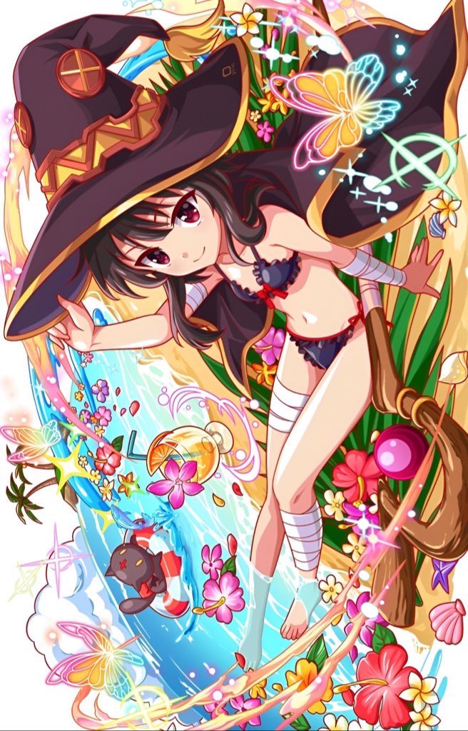 1girl, angled_view, bandaged_arm, bandaged_leg, bandaged_thigh, bandages, beach, beach_towel, bikini, black_bikini, blue_sky, bug, butterfly, cape, cloud, cup, drink, drinking_glass, drinking_straw, feet_in_water, flower, food, frilled_bikini, frills, fruit, hair_between_eyes, hat, insect, juice, kono_subarashii_sekai_ni_shukufuku_wo!, lemon, lemon_slice, looking_at_viewer, lying, megumin, ocean, on_side, oversized_hat, red_eyes, sand, shore, short_hair, sidelocks, sky, staff, swimsuit, towel, waves, witch_hat, wizard_hat