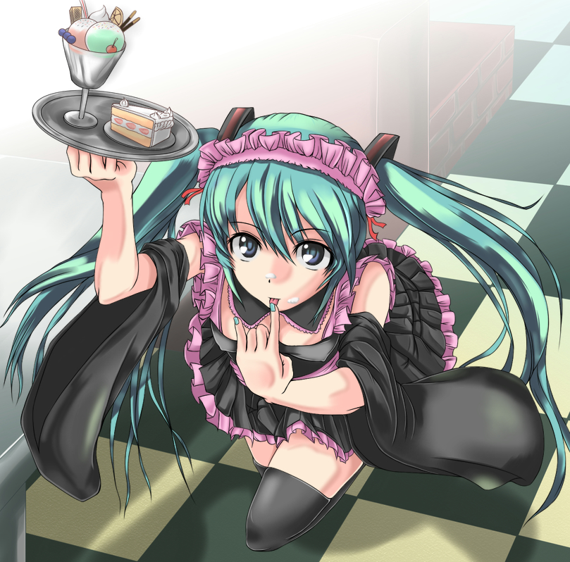 1girl, aqua_eyes, cake, checkered_floor, detached_sleeves, female_focus, floor, food