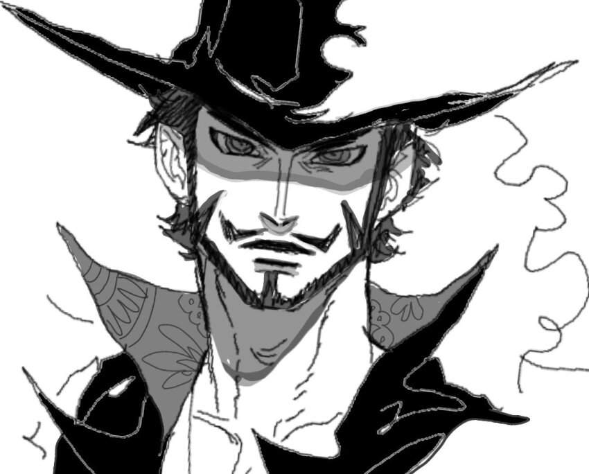 1boy, beard, closed_mouth, commentary_request, dracule_mihawk, facial_hair, greyscale, hat_feather