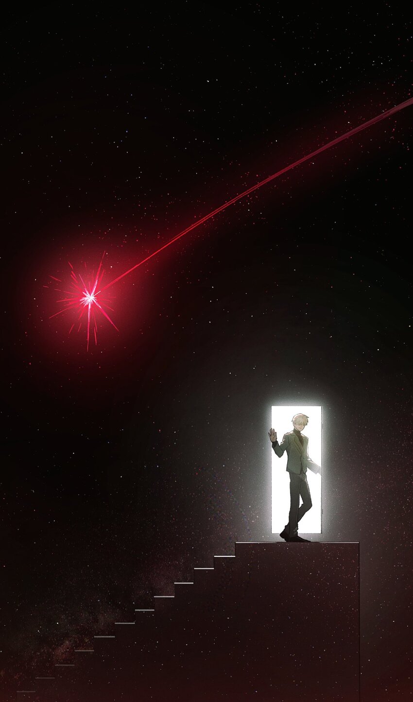 1boy, blonde_hair, char_aznable, comet, doorway, formal_clothes, full_body, green_pants