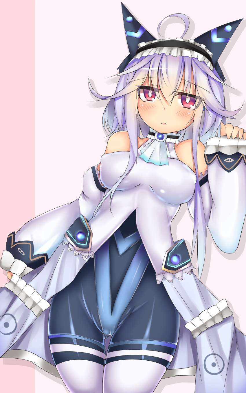 1girl, ahoge, bare_shoulders, bodysuit, breasts, emil_chronicle_online, frilled_hairband, frills, hairband, highres, horns, jitome, kutan, large_breasts, mecha_musume, mechanical_horns, mitama_aria, raised_inner_eyebrows, red_eyes, simple_background, skin_tight, standing