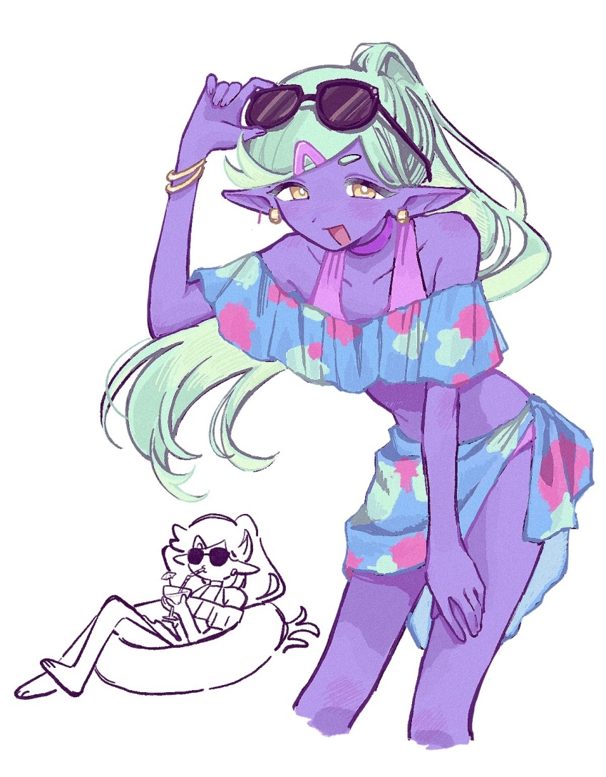 1boy, :d, adjusting_eyewear, alternate_costume, alternate_hairstyle, arm_up, bare_shoulders, bikini, black-framed_eyewear, blue_sarong, bracelet, bright_pupils, choker, colored_skin, commentary_request, crossdressing, crossdressing_(mtf), cup, drinking, drinking_glass, drinking_straw, drinking_straw_in_mouth, earrings, eyewear_on_head, film_grain, fingernails, frills, gold_bracelet, gold_earrings, green_hair, hair_behind_ear, hair_ornament, hairclip, hand_on_own_thigh, high_ponytail, highres, holding, holding_cup, innertube, jewelry, leaning_forward, long_hair, looking_at_viewer, male_focus, neko_maro27, omori, on_innertube, open_mouth, pink_bikini, pink_choker, ponytail, purple_skin, rococo_(omori), sarong, simple_background, smile, solo, stomach, sunglasses, swept_bangs, swim_ring, swimsuit, tongue, trap, very_long_hair, white_background, white_pupils, yellow_eyes