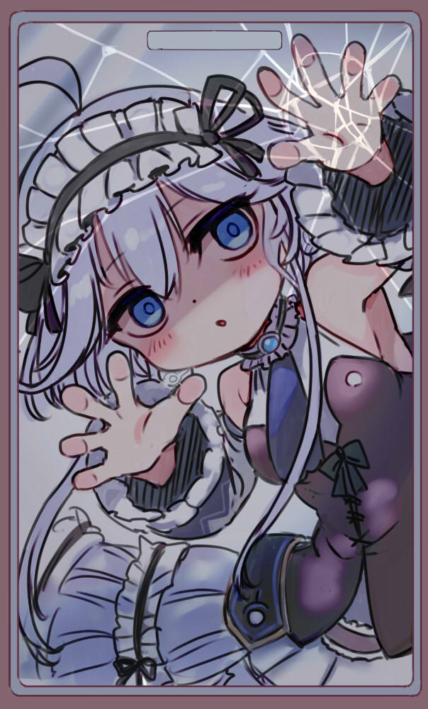 1girl, against_glass, ahoge, ajitarou_(setsu), artificial_eye, bare_shoulders, blue_hair, breasts