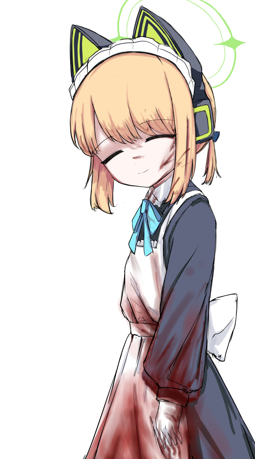 1girl, absurdres, animal_ear_headphones, animal_ears, apron, aqua_bow, aqua_ribbon, arm_at_side