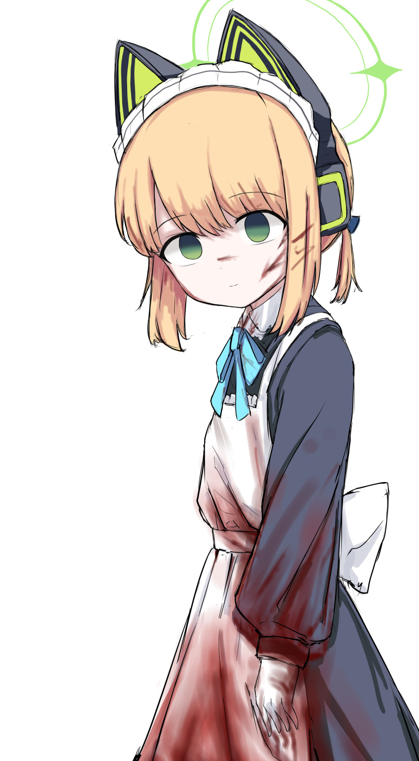 1girl, absurdres, animal_ear_headphones, animal_ears, apron, aqua_bow, aqua_ribbon, arm_at_side