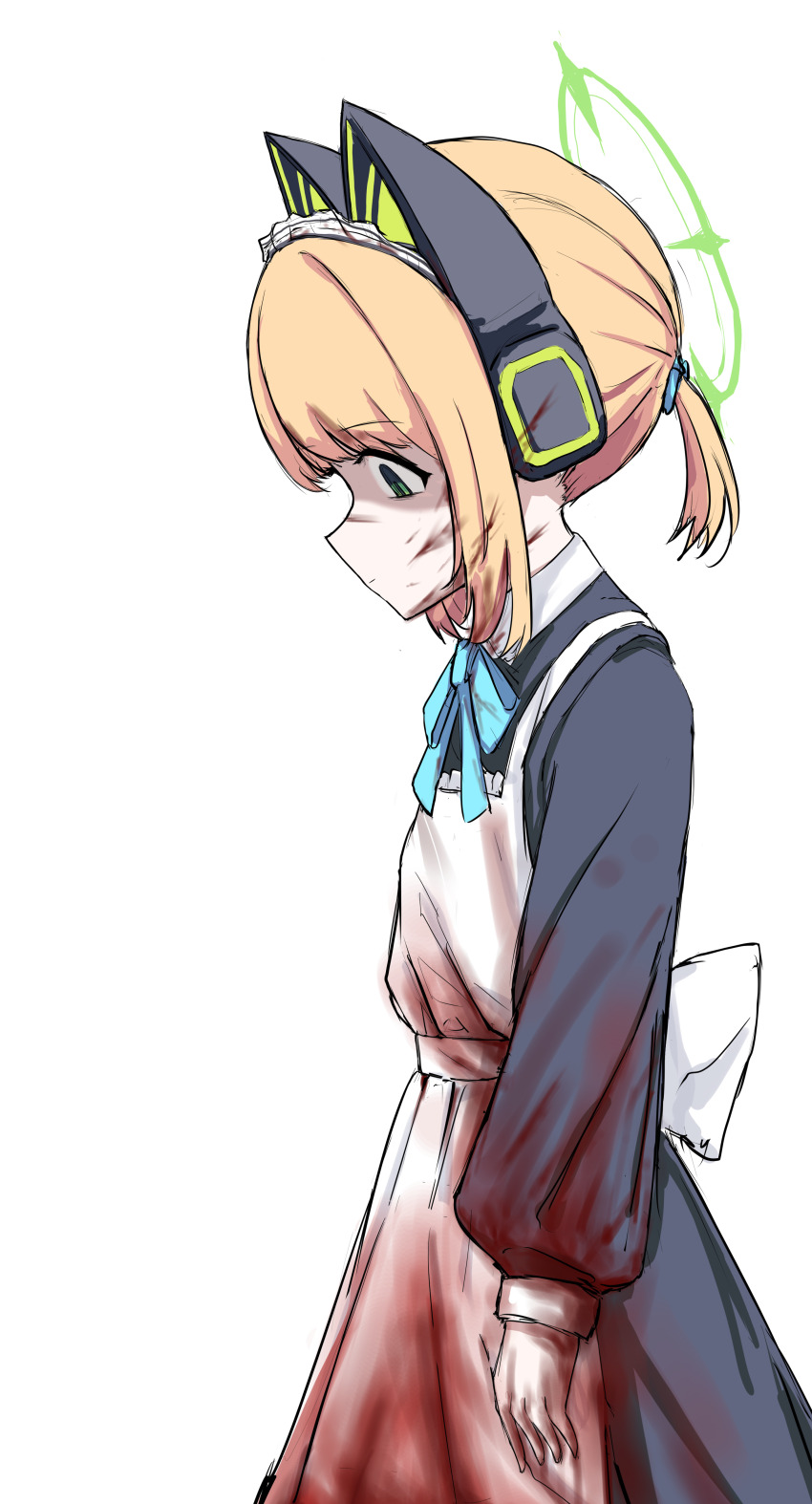 1girl, absurdres, animal_ear_headphones, animal_ears, apron, aqua_bow, aqua_ribbon, arm_at_side