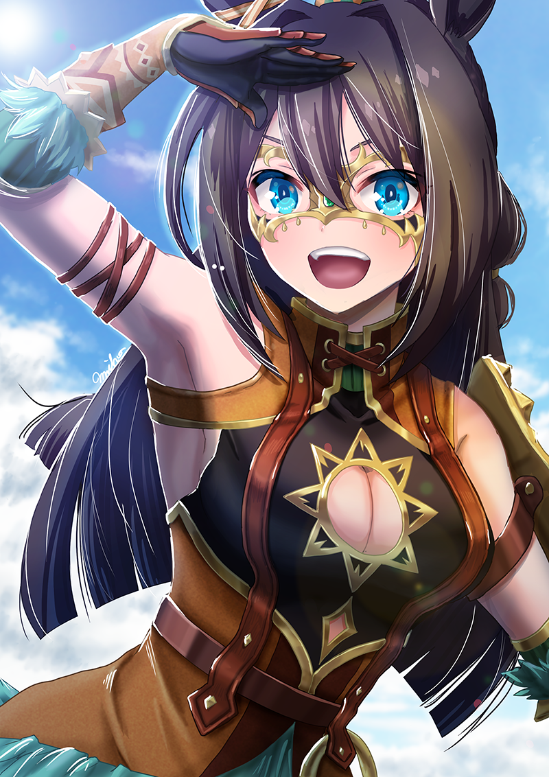 1girl, animal_ears, arm_up, armpits, bare_shoulders, black_hair, blue_eyes, blue_sky