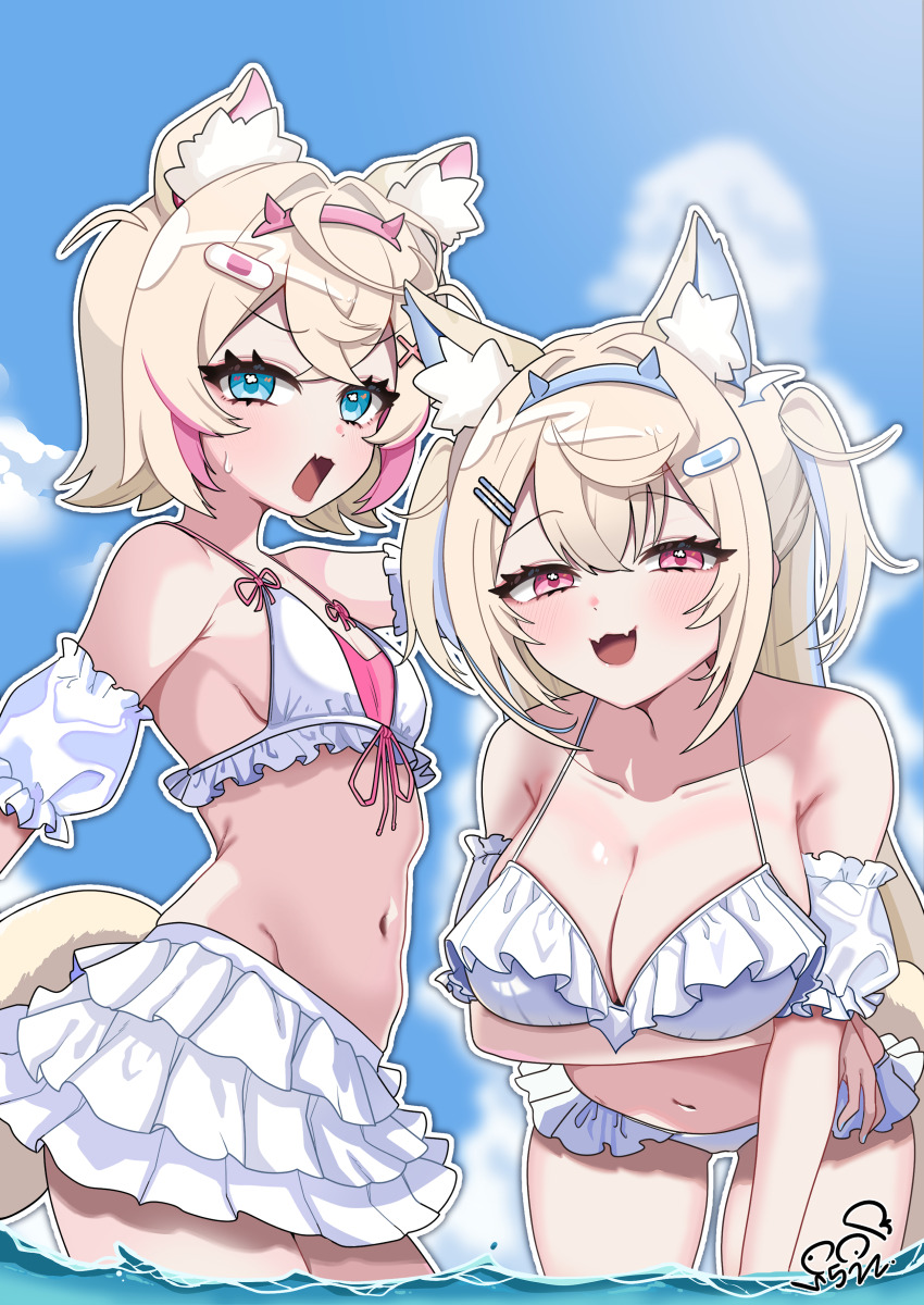 252_eyo, 2girls, absurdres, alternate_costume, animal_ear_fluff, animal_ears, bandaid, bandaid_hair_ornament, bare_shoulders, bikini, bikini_skirt, blonde_hair, blue_eyes, blue_hair, blue_nails, blue_sky, blush, breasts, cleavage, closed_mouth, cloud, collarbone, dog_ears, dog_girl, dog_tail, fake_horns, frilled_bikini, frills, fuwawa_abyssgard, hair_between_eyes, hair_ornament, hairband, hairclip, highres, hololive, hololive_english, horn_hairband, large_breasts, long_hair, mococo_abyssgard, multiple_girls, navel, open_mouth, parallel_hairclips, pink_eyes, pink_hair, pink_nails, short_hair, siblings, sisters, sky, small_breasts, smile, stomach, swimsuit, tail, twins, virtual_youtuber, white_bikini, x_hair_ornament