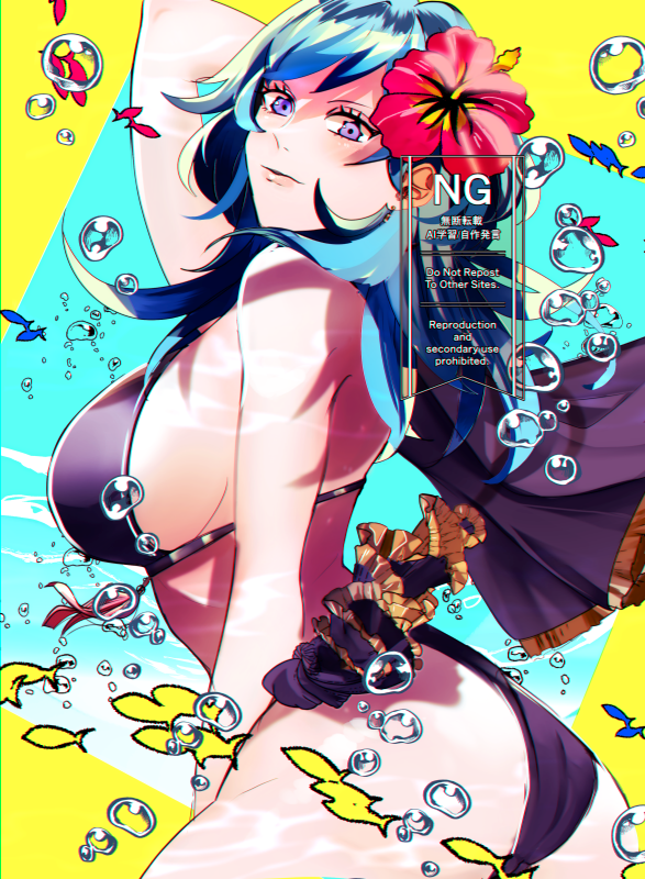1girl, ass, bare_shoulders, bikini, black_bikini, black_cape, blue_eyes, blue_hair, breasts, bubble, cape, closed_mouth, female_byleth_(fire_emblem), female_byleth_(summer)_(fire_emblem), fire_emblem, fire_emblem:_three_houses, fire_emblem_heroes, flower, hair_flower, hair_ornament, hibiscus, ice_ice_mint, large_breasts, long_hair, looking_at_viewer, nintendo, official_alternate_costume, red_flower, sideboob, solo, swimsuit, water