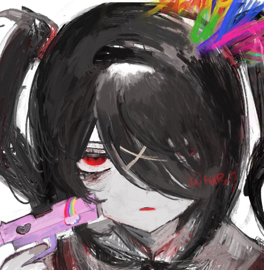 1girl, ame-chan_(needy_girl_overdose), blood, blood_splatter, gun, gun_to_head, hair_ornament, hair_over_one_eye, handgun, heart, highres, holding, holding_gun, holding_weapon, implied_suicide, looking_at_viewer, naishukketsukata, needy_girl_overdose, rainbow_blood, rainbow_print, red_eyes, red_lips, short_twintails, solo, twintails, upper_body, weapon, x_hair_ornament