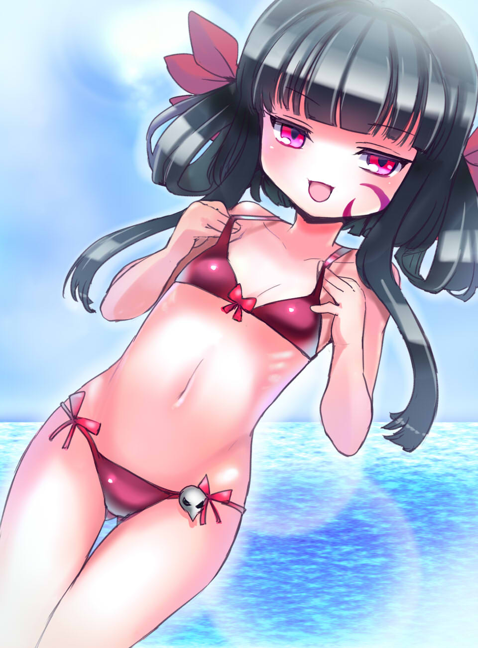 1girl, ajitarou_(setsu), black_hair, breasts, death_alma, emil_chronicle_online, hair_ribbon, highres, looking_at_viewer, navel, ocean, open_mouth, red_eyes, red_ribbon, ribbon, small_breasts, smile, swimsuit, variant_set
