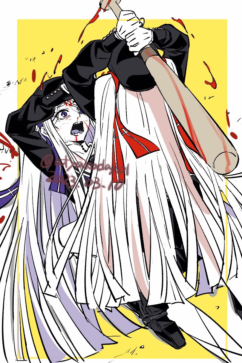 2girls, arms_up, atyakodayo1, baseball_bat, beating, black_hat, black_serafuku, black_shirt