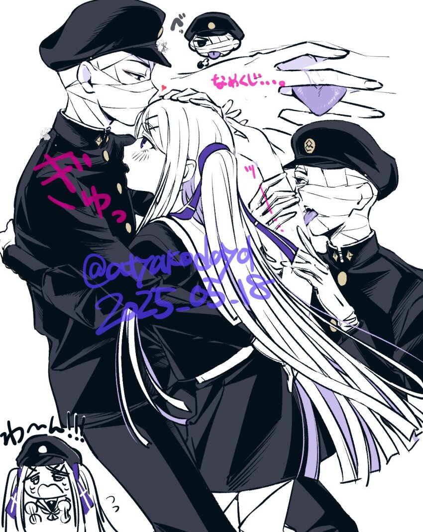 1boy, 1girl, atyakodayo1, bandaged_head, bandages, black_serafuku, blush, chibi