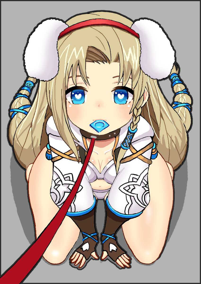 absurdres, animal_ear_hairband, animal_ears, between_legs, bikini, blonde_hair, blony_(mabinogi), blue_eyes, collar, condom, condom_in_mouth, etiopiaalicha, fake_animal_ears, hairband, hand_between_legs, heart, heart-shaped_pupils, highres, mabinogi, mouth_hold, navel, rabbit_ear_hairband, rabbit_ears, sitting, swimsuit, symbol-shaped_pupils, wariza