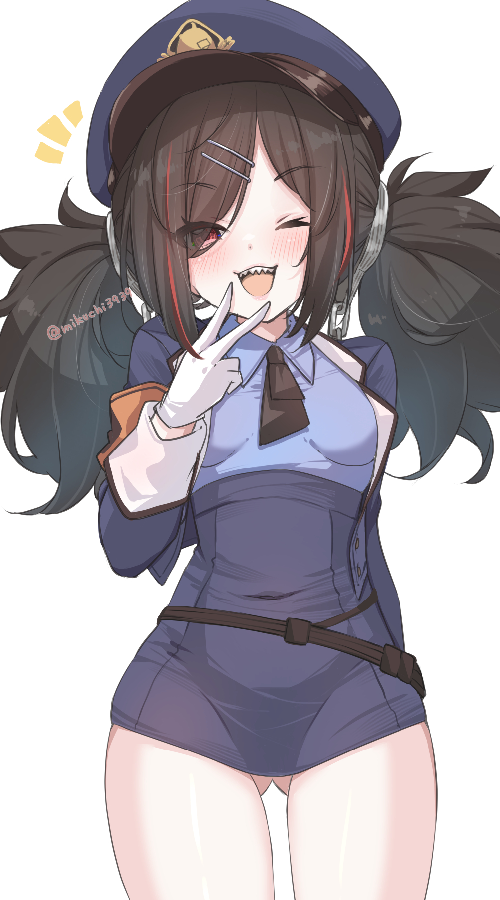 1girl, :d, azur_lane, black_hair, black_necktie, blue_hat, blush, breasts