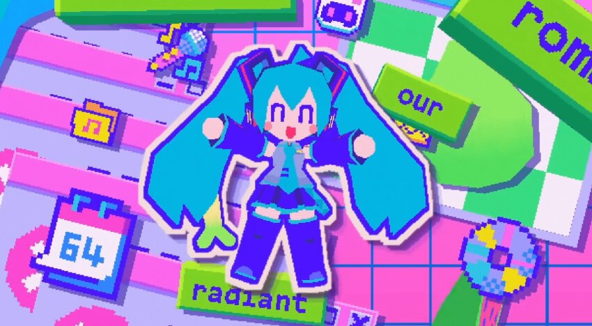 1girl, 3d, ^_^, aqua_necktie, blockbench_(medium), blue_hair, boots, cd, closed_eyes, commentary, detached_sleeves, english_commentary, english_text, hatsune_miku, highres, long_hair, low_poly, microphone, necktie, official_art, open_mouth, outline, radiant_revival_(vocaloid), shirt, skirt, sleeveless, sleeveless_shirt, smile, solo, spring_onion, thigh_boots, twintails, very_long_hair, violet_(violxiv), vocaloid, white_outline, window_(computing)