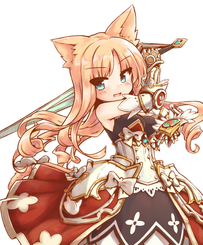 1girl, armor, armored_dress, bare_shoulders, blonde_hair, blue_eyes, breasts, corset, dress, drill_hair, emil_chronicle_online, hand_guard, highres, holding, holding_sword, holding_weapon, kareya, large_breasts, long_hair, looking_at_viewer, mitama_elise, open_mouth, sword, weapon, white_background