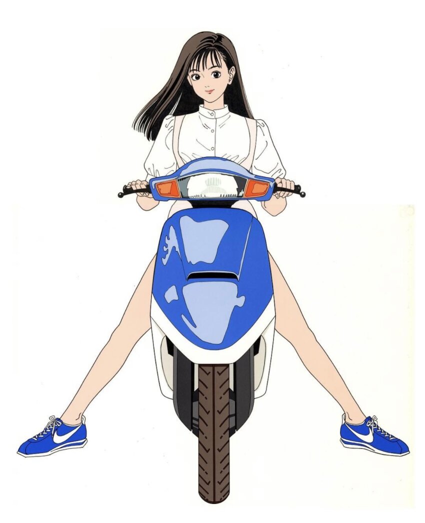 1990s_(style), 1girl, anna_miller, apron, black_eyes, blue_shoes, brown_hair, closed_mouth