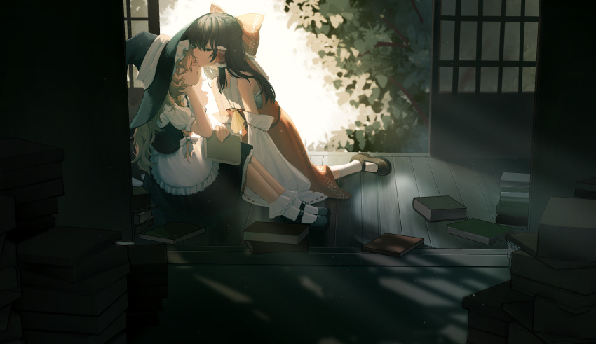 abi_(kabe), apron, architecture, black_hair, black_hat, black_shoes, black_skirt, black_vest