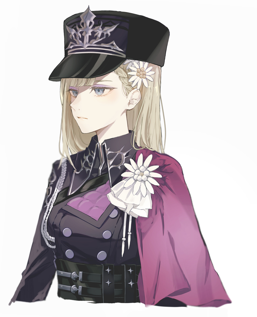 1girl, aiguillette, belt, black_belt, black_coat, black_hat, blonde_hair, blue_eyes, braid, buttons, clarice_(rune_factory), closed_mouth, coat, commentary_request, cropped_torso, flower, hair_flower, hair_ornament, hat, highres, long_hair, peaked_cap, rune_factory, rune_factory:_guardians_of_azuma, rurui_(jac7860), side_cape, simple_background, solo, upper_body, white_background, white_flower