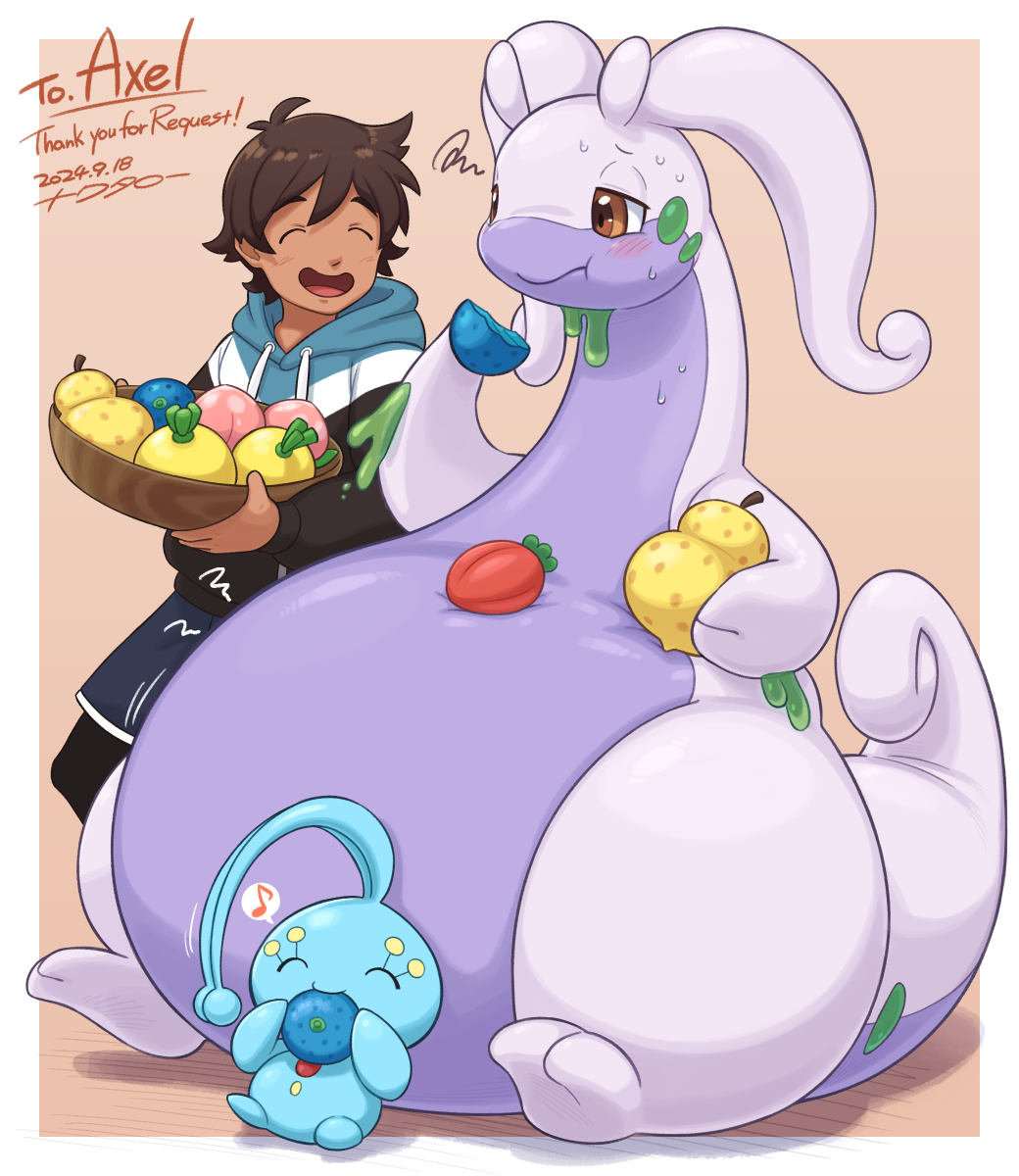 1boy, axel_(poke789), blush, border, bowl, brown_background, brown_hair, closed_eyes, closed_mouth, colored_skin, commentary, commission, commissioner_name, dated, eating, english_commentary, english_text, fat, food, full_body, gen_6_pokemon, gomuhimo_(nawataro), goodra, highres, holding, holding_bowl, large_tail, long_sleeves, musical_note, nintendo, open_mouth, outside_border, pokemon, pokemon_(creature), purple_skin, simple_background, sitting, skeb_commission, speech_bubble, spoken_musical_note, squiggle, sweat, tail, thick_thighs, thighs, white_border
