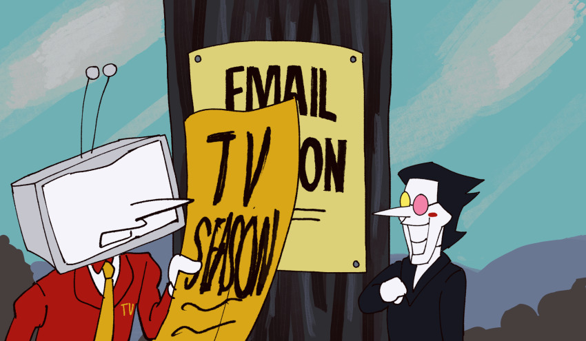 2boys, animated, animated_gif, ant_tenna, black_hair, deltarune, glasses, heterochromatic_eyewear, highres, long_sleeves, looney_tunes, male_focus, multiple_boys, necktie, object_head, peachducy, rabbit_seasoning, scene_reference, sign, smile, spamton_g._spamton, tinted_eyewear, utdr_(toby_fox), yellow_necktie