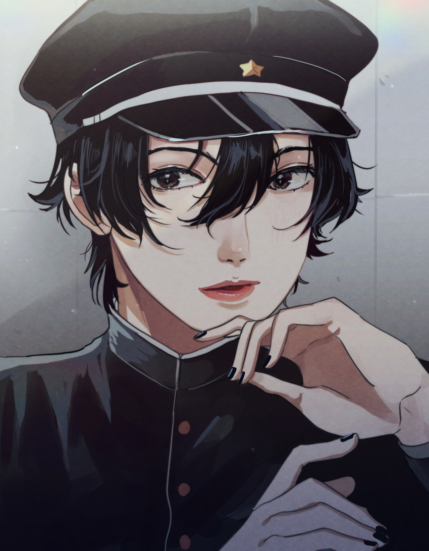 1boy, androgynous, black_hair, black_hat, black_jacket, black_nails, brown_eyes, curled_fingers