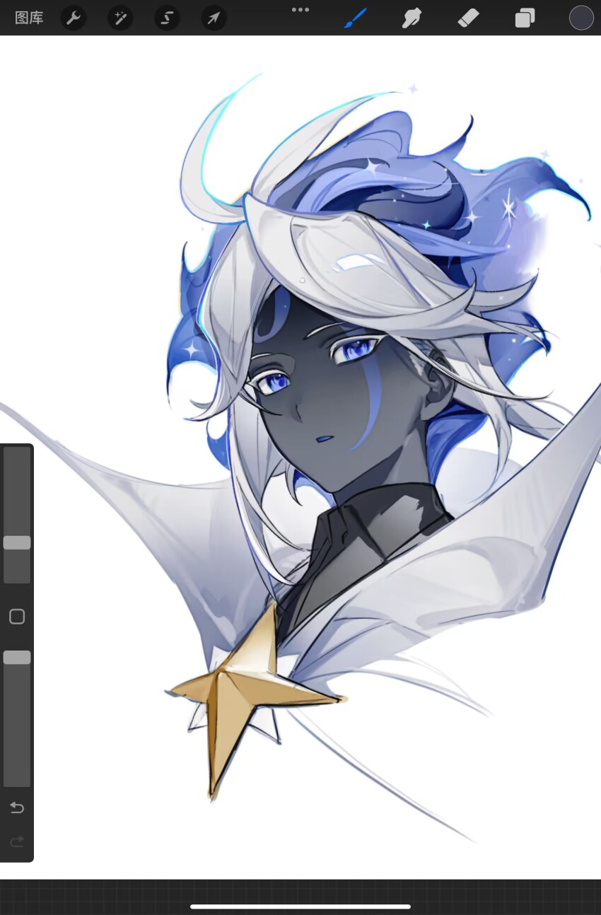 1boy, antenna_hair, art_program_in_frame, black_shirt, black_skin, blue_eyes, blue_hair, brooch