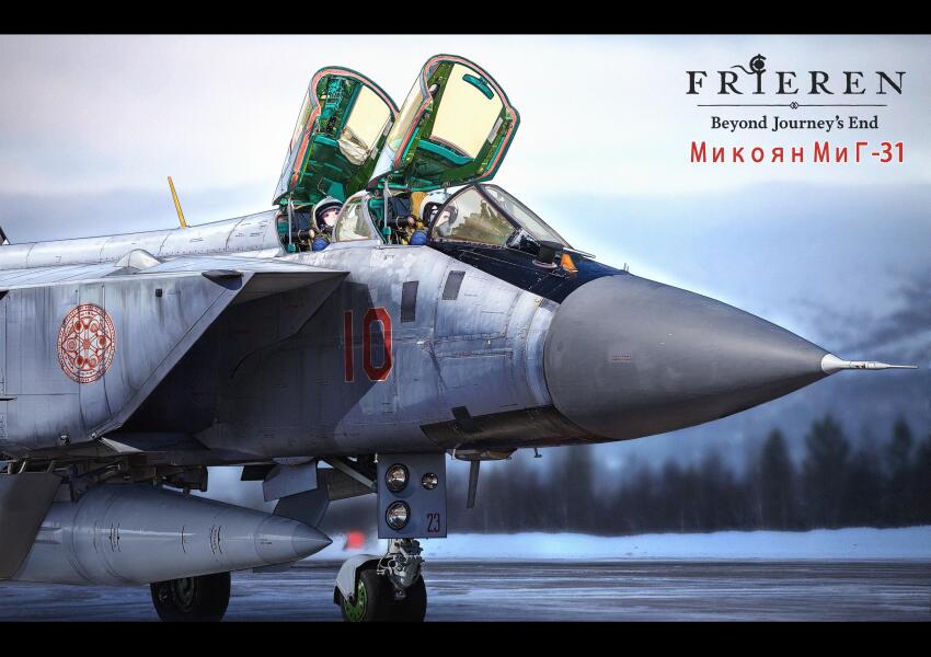 2girls, absurdres, aircraft, airplane, cockpit, fern_(sousou_no_frieren), fighter_jet, firefighter, frieren, green_eyes, helmet, highres, looking_at_viewer, mecha_pilot_suit, mig-31, mig-31_firefox, military_vehicle, multiple_girls, open_cockpit, outdoors, pilot, pilot_helmet, purple_eyes, purple_hair, russian_text, sky, snow, sousou_no_frieren, tiewan, tree