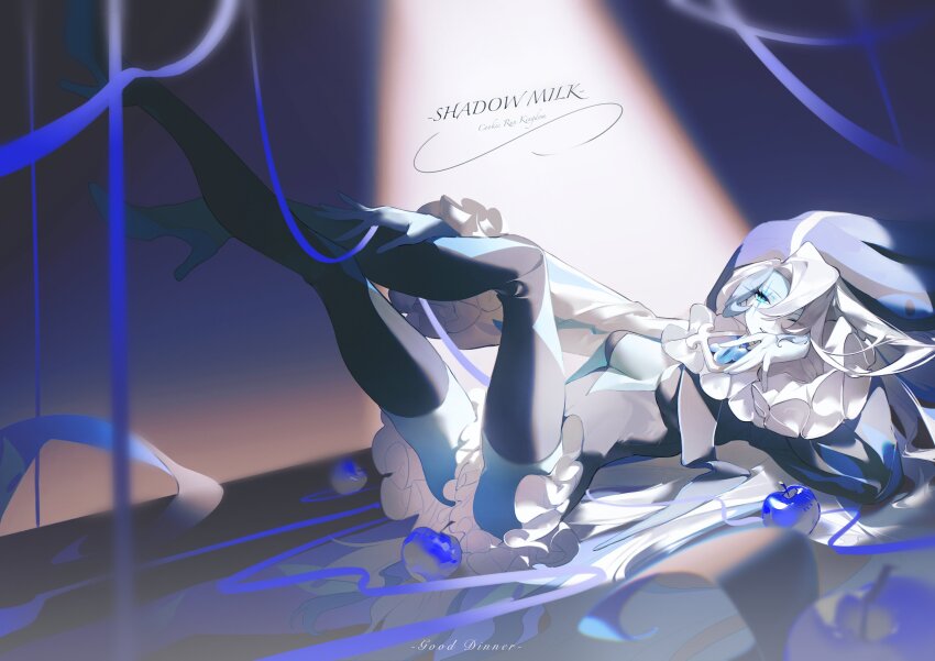 1girl, ;d, absurdres, apple, aqua_eyes, ass, black_shirt, black_thighhighs