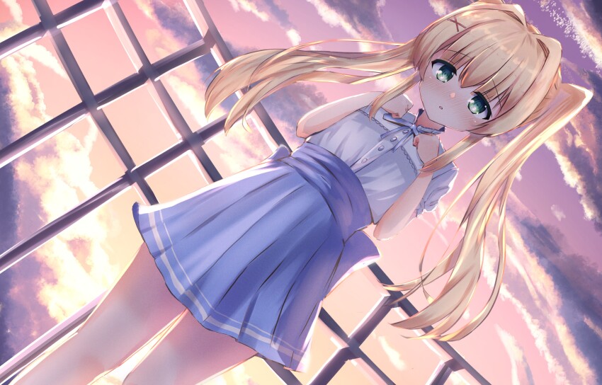 1girl, absurdres, back_bow, backlighting, blue_bow, blue_ribbon, blue_skirt, blush