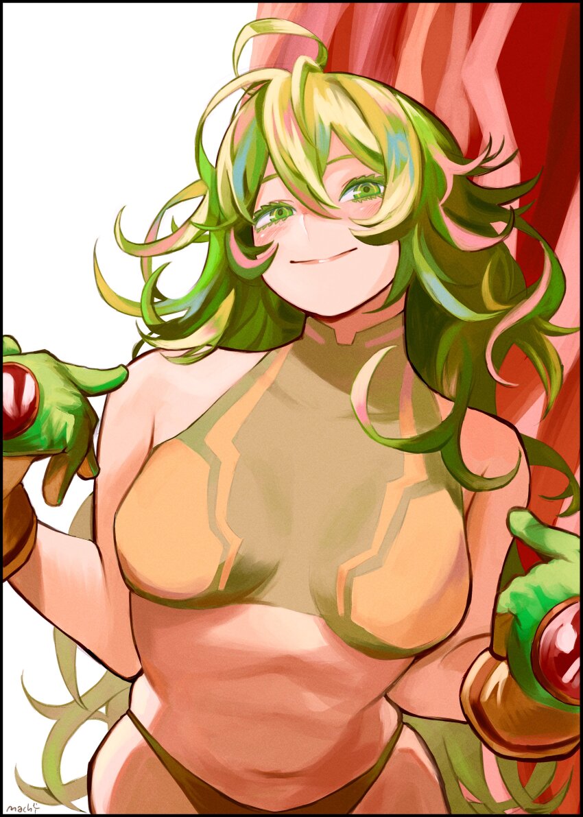 1girl, absurdres, blush, boku_no_hero_academia, breasts, deku's_photo_of_hagakure_toru, gloves, green_eyes, green_gloves, green_hair, hagakure_toru, highres, long_hair, looking_at_viewer, machipachi1901, messy_hair, navel, official_alternate_costume, pointing, pointing_at_self, seductive_gaze, seductive_smile, smile, solo