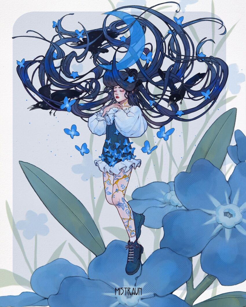 1girl, absurdly_long_hair, bird, black_hair, blue_boots, blue_butterfly, blue_dress, blue_flower