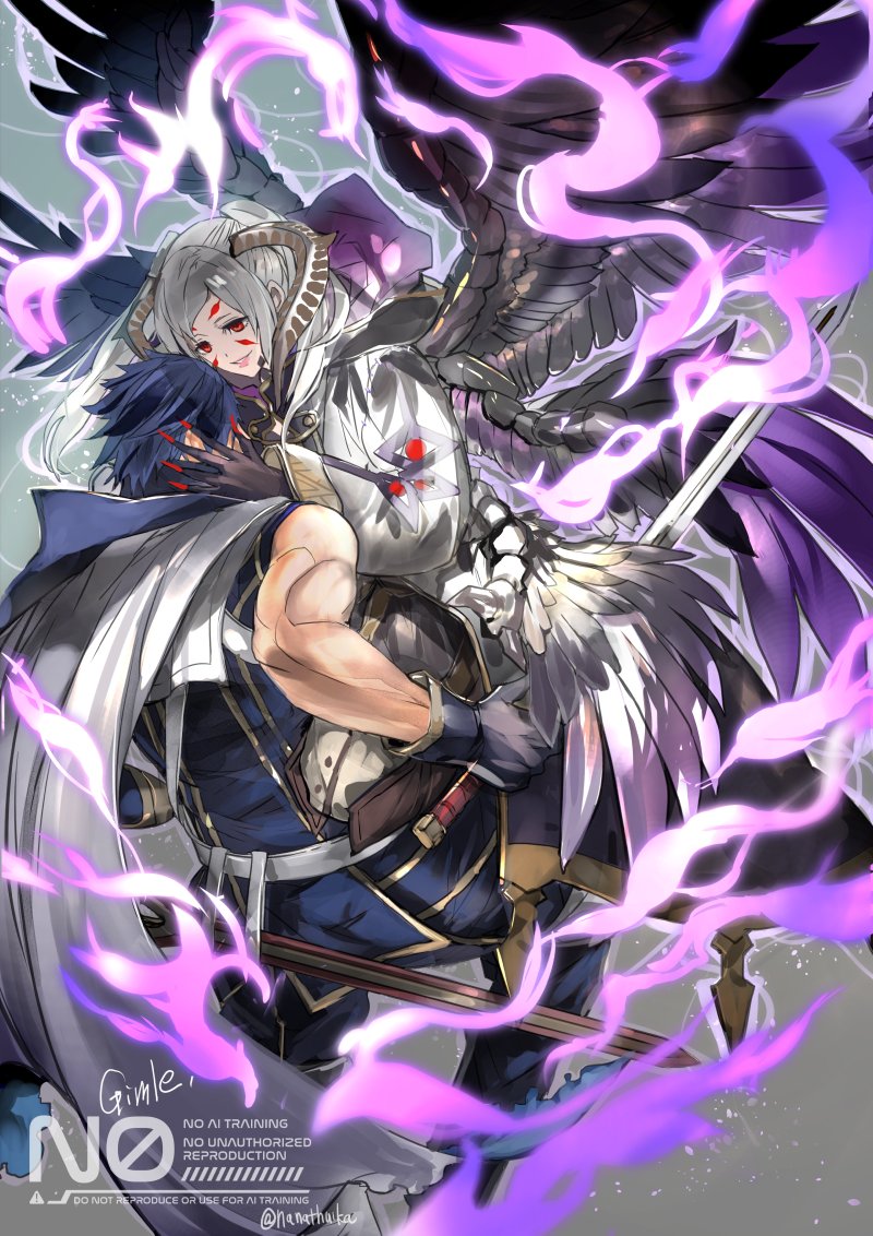 1boy, 1girl, aura, blue_hair, cape, chrom_(fire_emblem), coat, dark_aura