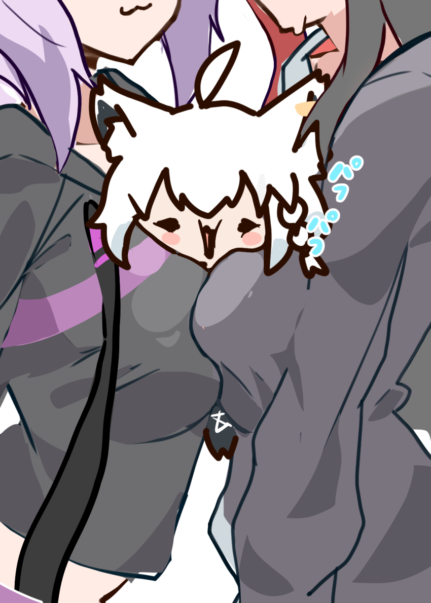 3girls, :3, ahoge, animal_ears, between_breasts, black_hair, black_hoodie, blush_stickers