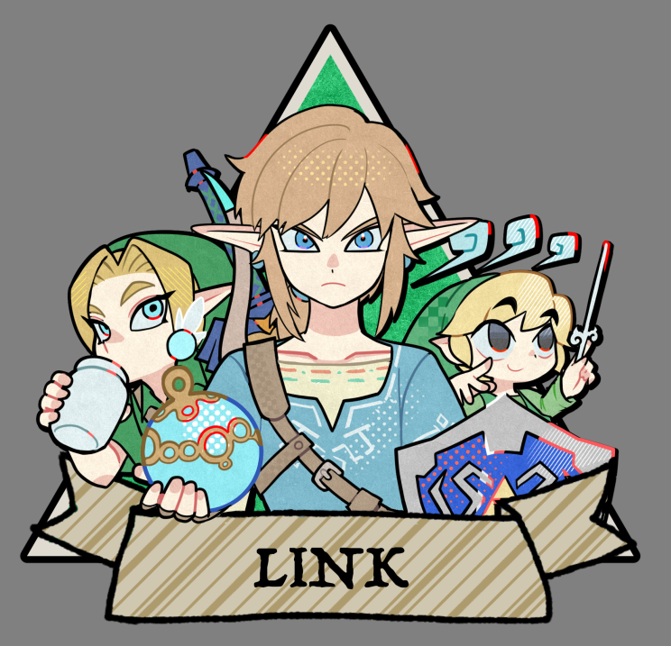 3boys, blonde_hair, blue_eyes, blue_tunic, bomb, character_name, curtained_hair, dancho_no_mori