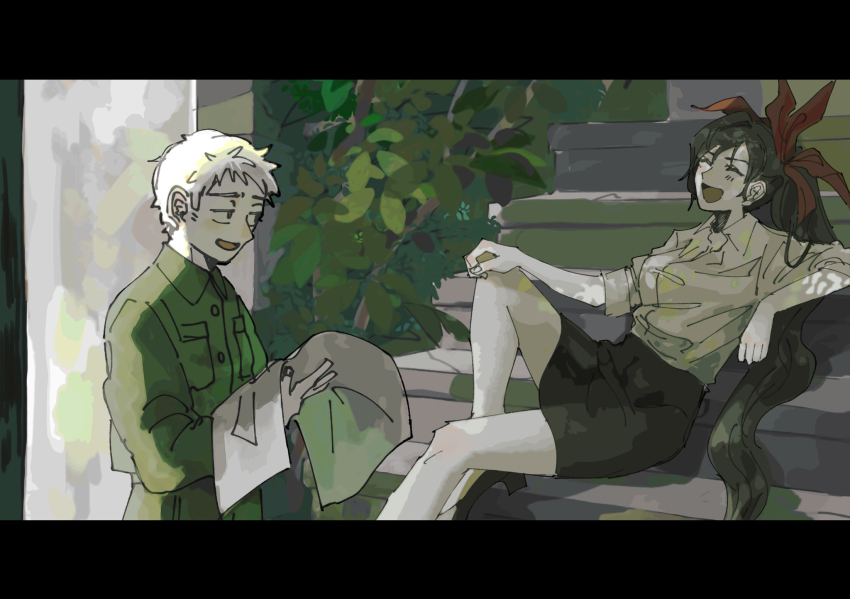 1boy, 1girl, black_hair, black_skirt, closed_eyes, dappled_sunlight, evan_edrok, green_pants, green_shirt, grey_hair, ha_yuri_zahard, hair_ribbon, highres, holding, laughing, leaf, light_rays, long_hair, looking_at_another, original, pants, paper, plant, ponytail, red_ribbon, ribbon, shirt, short_hair, sitting, sitting_on_stairs, skirt, stairs, stone_stairs, sunlight, tower_of_god, white_shirt, wy285223