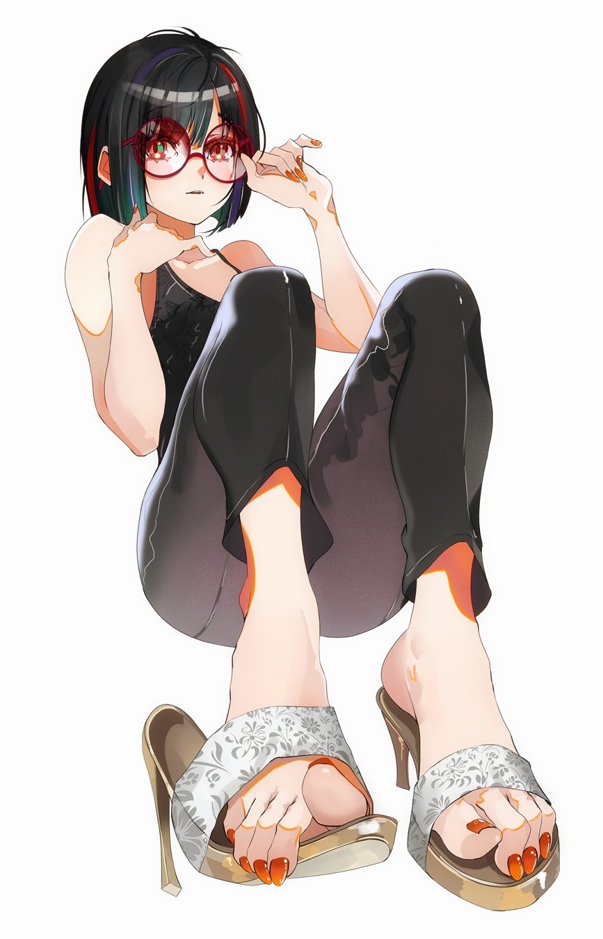 1girl, black_hair, black_pants, breasts, collarbone, commentary, davoxime, english_commentary, feet, foot_focus, full_body, hands_up, high_heel_sandals, high_heels, highres, knees_up, looking_at_viewer, medium_hair, multicolored_hair, nail_polish, orange_eyes, orange_nails, original, pants, parted_lips, red-framed_eyewear, red_hair, round_eyewear, sandals, shoe_dangle, simple_background, sitting, small_breasts, solo, streaked_hair, toenail_polish, toenails, toes, white_background