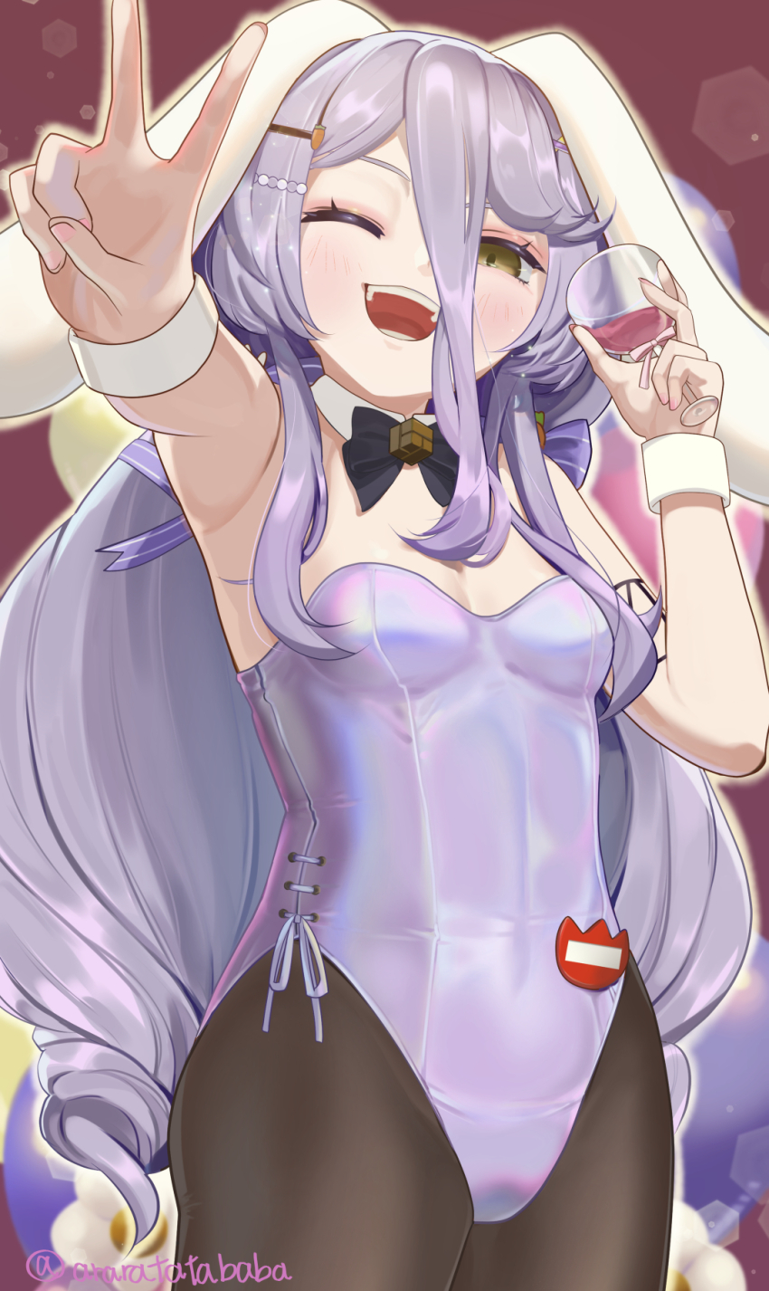 1girl, animal_ears, breasts, cup, drinking_glass, hair_between_eyes, hair_ornament, hairpin, henya_the_genius, henya_the_genius_(bunniversary), highres, holding, holding_cup, leotard, long_bangs, long_hair, playboy_bunny, rabbit_ears, rabbit_girl, ritasato, small_breasts, smile, solo, strapless, strapless_leotard, very_long_hair, virtual_youtuber, vshojo, white_leotard, white_wrist_cuffs, wine_glass, wrist_cuffs, yellow_eyes