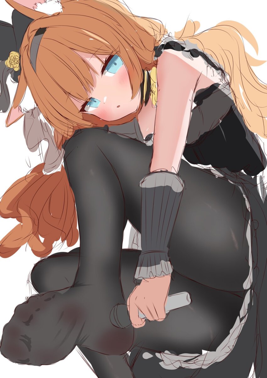 1girl, ahoge, animal_ear_fluff, animal_ears, bare_shoulders, black_dress, black_hairband, blue_archive, blue_eyes, blush, brown_hair, cat_ears, dress, fox_ears, fox_tail, hair_ornament, hairband, highres, long_hair, looking_at_viewer, mari_(blue_archive), muaa_(muamua231), no_shoes, pantyhose, parted_lips, ribbon, shirt, sleeveless, sleeveless_shirt, solo, tail, very_long_hair, white_background